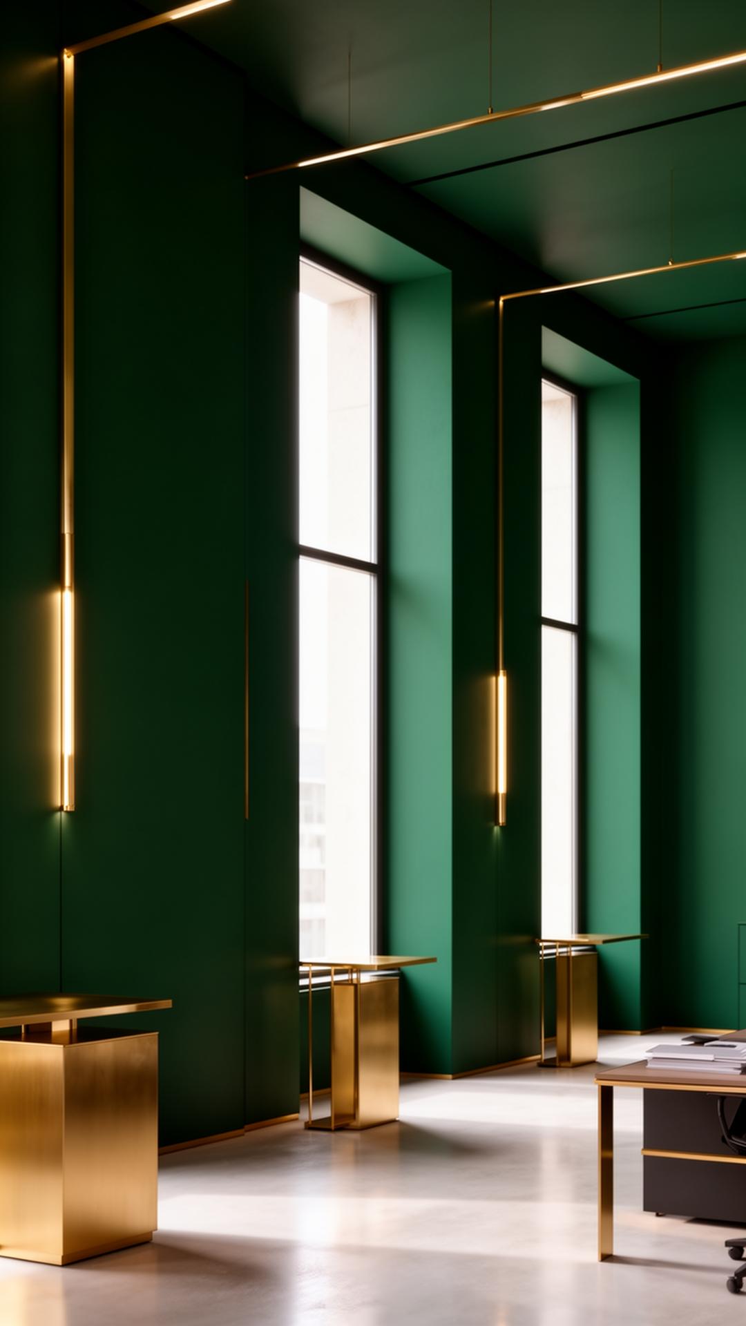 Editorial architectural office with deep emerald walls and brushed gold fixtures